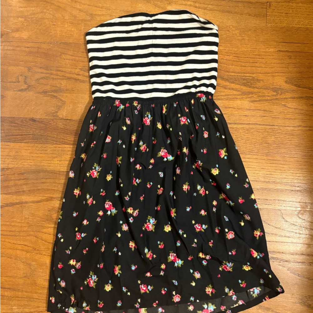 Striped and Floral Strapless Dress